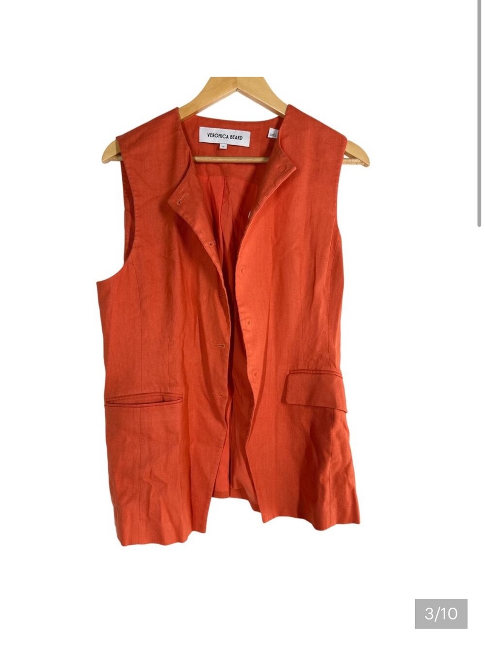 Veronica Beard Lois Vest Linen Blend Button Front Sleeveless Jacket Orange 10
